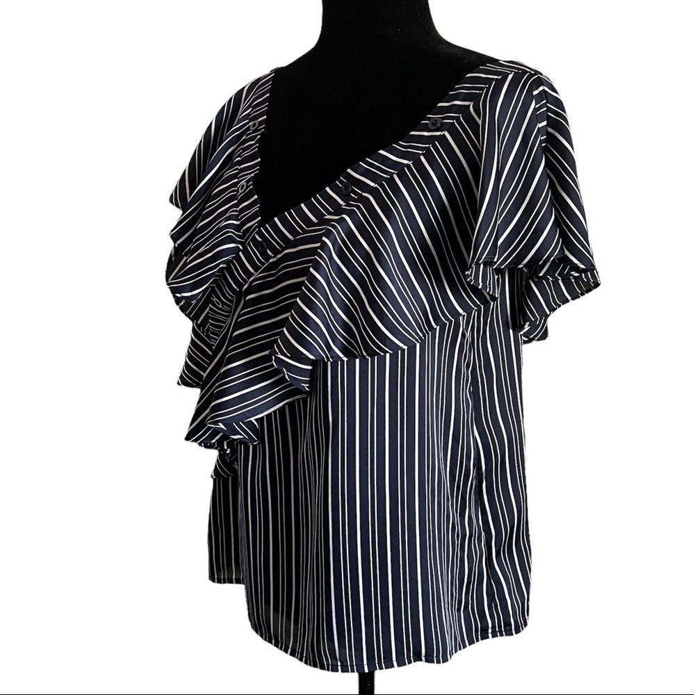 J.O.A Blouse Size Large Navy Blue and White Striped One Shoulder